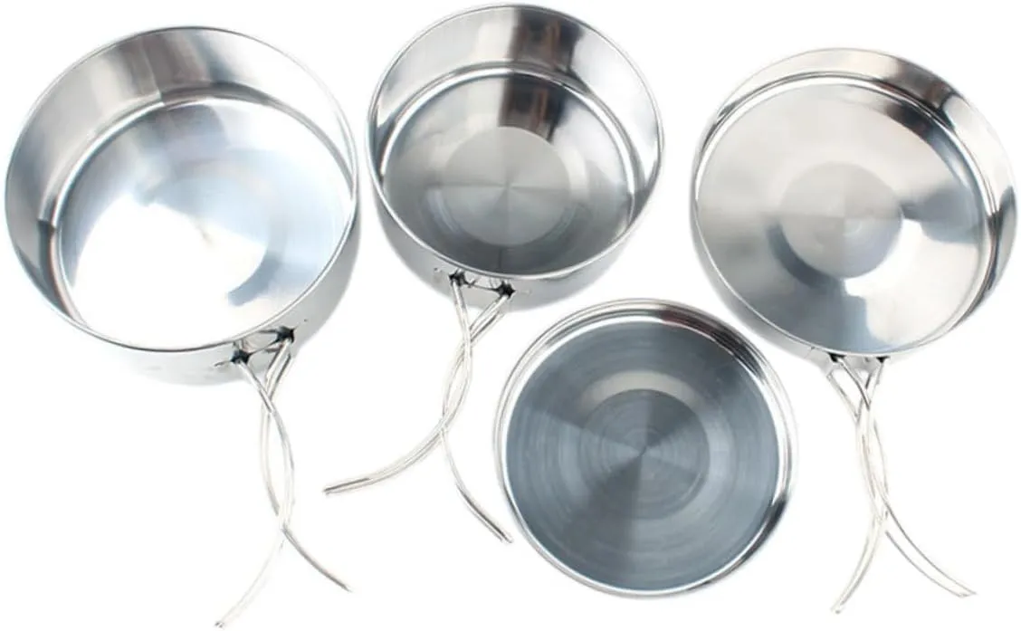 Cooking Pan Portable Camping Cookware Set 4-Piece Stainless Steel Pot Outdoor Hiking Camping Cooking Supplies