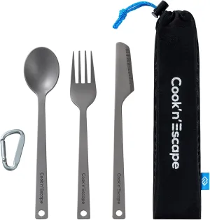 COOK'N'ESCAPE Titanium Camping Cooking Utensils Set, Camping Spoon Fork Knife Combo Flatware Set, Lightweight Spork with Carabiner Clip for Kitchen Travel Picnic Hiking Backpacking Outdoors