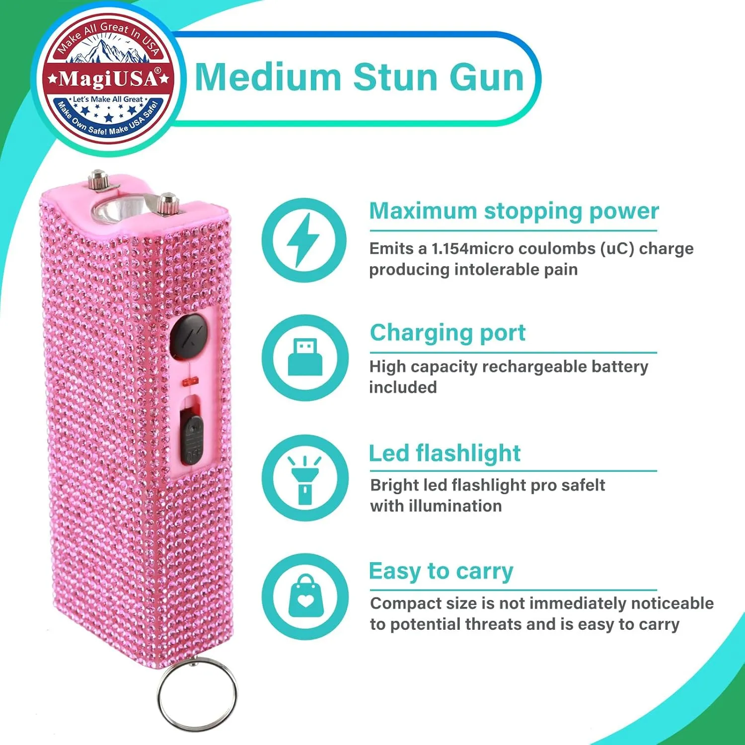 Cool MagiUSA Bling Stun Gun & Pepper Spray Bracelet Keychain Set – LED Flashlight Personal Alarm Self Defense Kit for Women & Men – Tazer taiser Pepper Gel Safety Tools Quick Defense, Multi Color