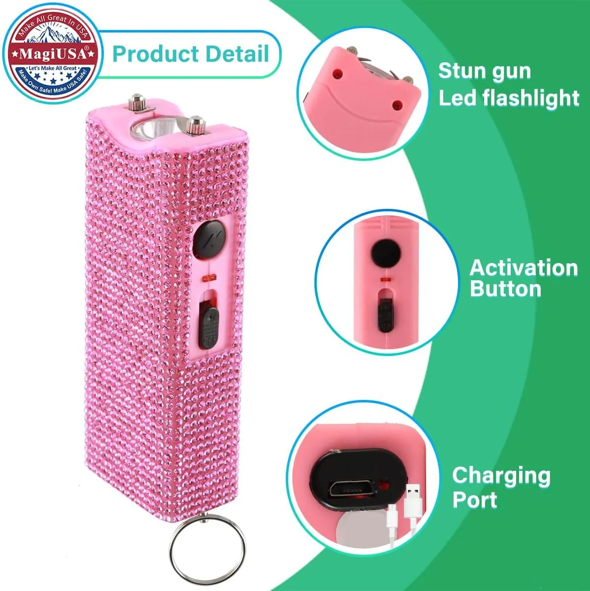 Cool MagiUSA Bling Stun Gun & Pepper Spray Bracelet Keychain Set – LED Flashlight Personal Alarm Self Defense Kit for Women & Men – Tazer taiser Pepper Gel Safety Tools Quick Defense, Multi Color