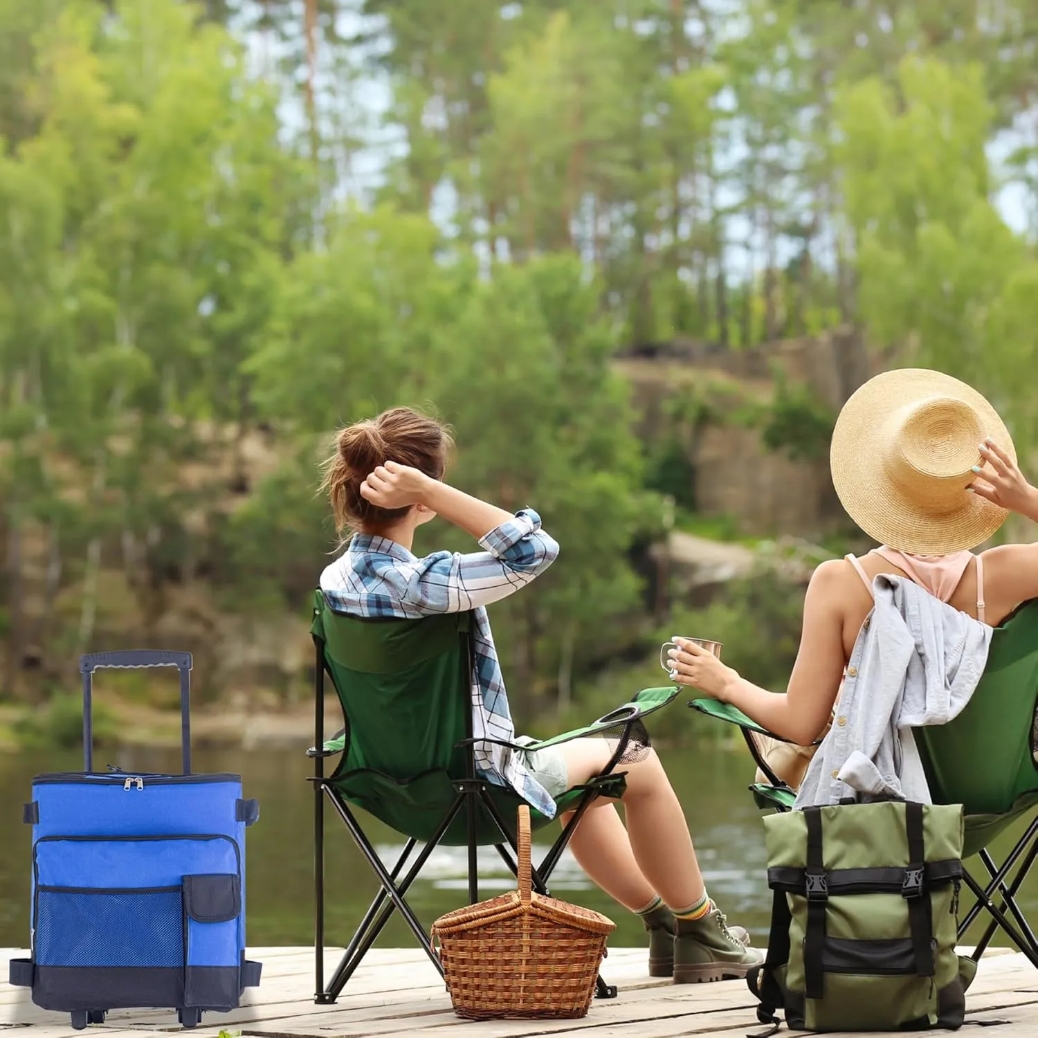 Cooler with Wheels and Pull, 43L Large Rolling Cooler Waterproof Collapsible Rolling Cooler Multi-Pocket Zipper Closure Insulated Cooler for Outdoor