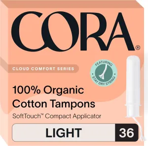 Cora Organic Applicator Tampons | Light Absorbency | 100% Organic Cotton, Unscented, BPA-Free Compact Applicator | Leak Protection | Packaging May Vary | 36 Total