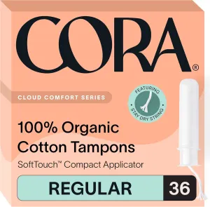 Cora Organic Applicator Tampons | Regular Absorbency | 100% Organic Cotton, Unscented, BPA-Free Compact Applicator | Leak Protection | Packaging May Vary | 36 Total