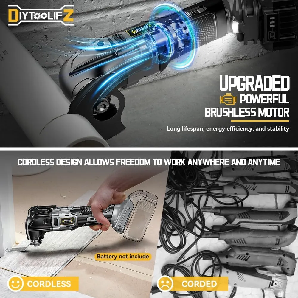 Cordless Oscillating Tool for Dewalt 20V Battery, 6 Variable Speed Brushless-Motor Tool, Oscillating Multi Tool Kit for Cutting Wood Drywall Nails Remove Grout & Sanding(Battery Not Included)