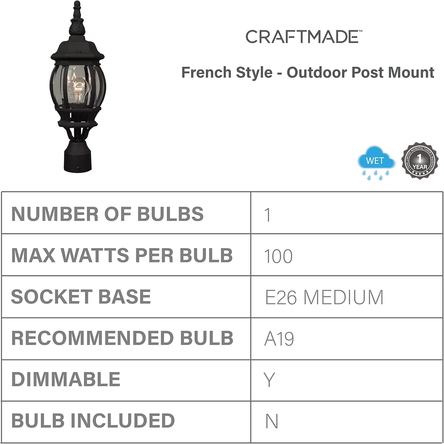 Craftmade Z325-TB French Style Outdoor Pier Mount Post Lighting, 1-Light 100 Watt (7" W x 20" H), Textured Matte Black