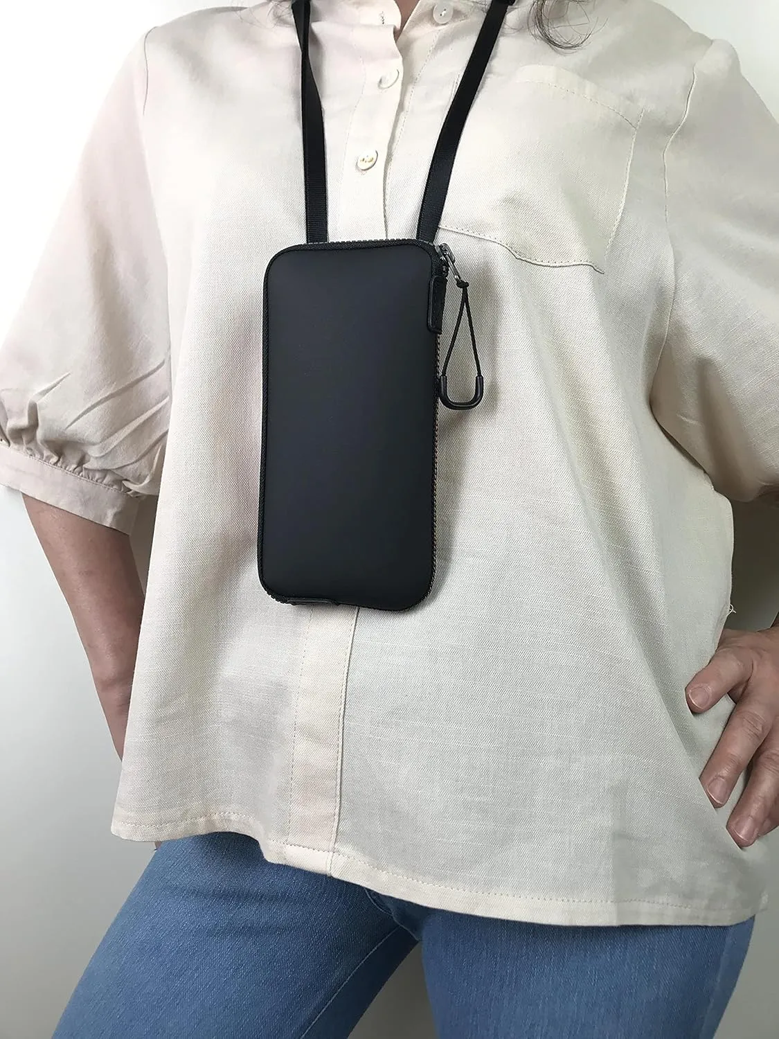 Crossbody Phone Pouch with Clip on, Lightweight Neoprene Cell Phone Bag with Smooth Zipper, Inner Pocket & Strap, Fits Phones 6.1~6.3 inch [ Carbon Color ]
