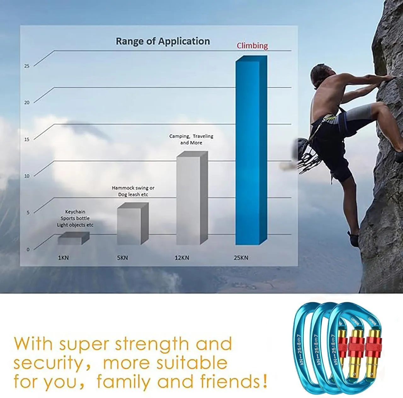 D Shape Carabiner 25KN Heavy Duty Climbing Mountaineer Expanding exploratory Caverns Connection Protection Locking Carabiner Clip Carabiner Screw Lock Hammock Camping Outdoor Equipment