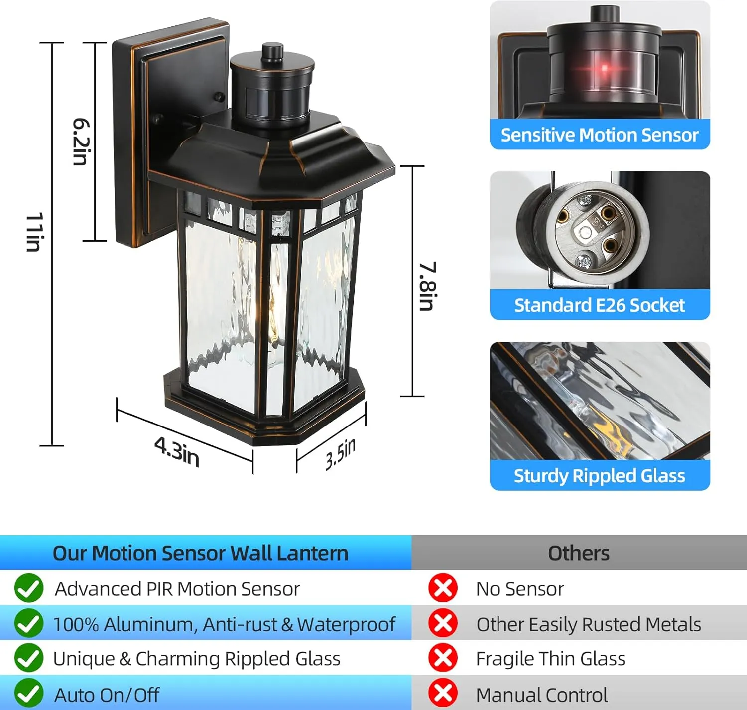 DASTOR Motion Sensor Outdoor Lights 2 Pack, Dusk to Dawn Outdoor Wall Lantern, Aluminum Exterior Sconce Lighting Fixtures for House Porch Front Door