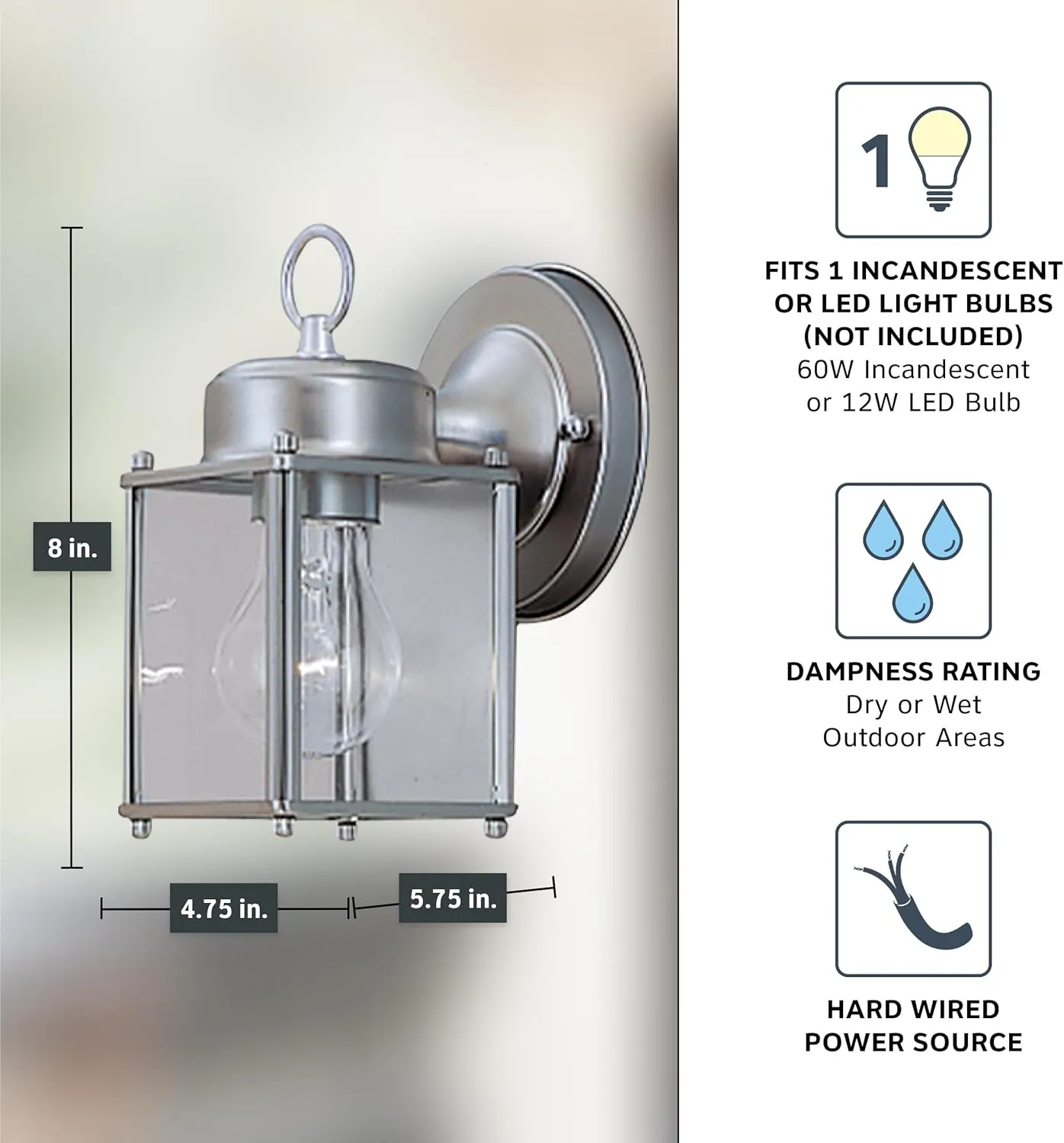 DESIGNERS FOUNTAIN Preston Outdoor Light Fixture, 8 Inch, Exterior Wall Mount Lantern Sconce, Clear Glass Porch Lights for Front Door, Patio, and House Garage, Pewter, 1161-PW