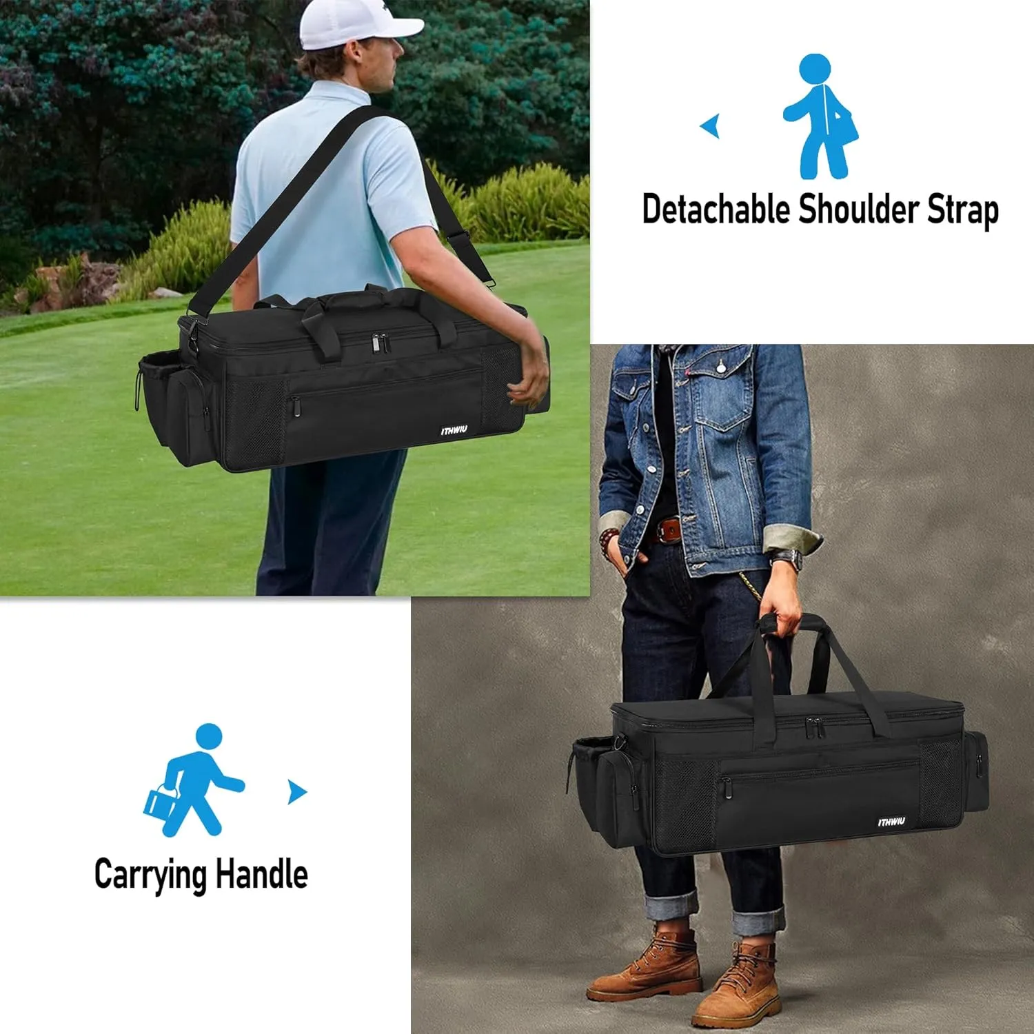 Disc Golf Storage Bag Durable Large Capacity with Dividers and Multi Side Pockets, Black