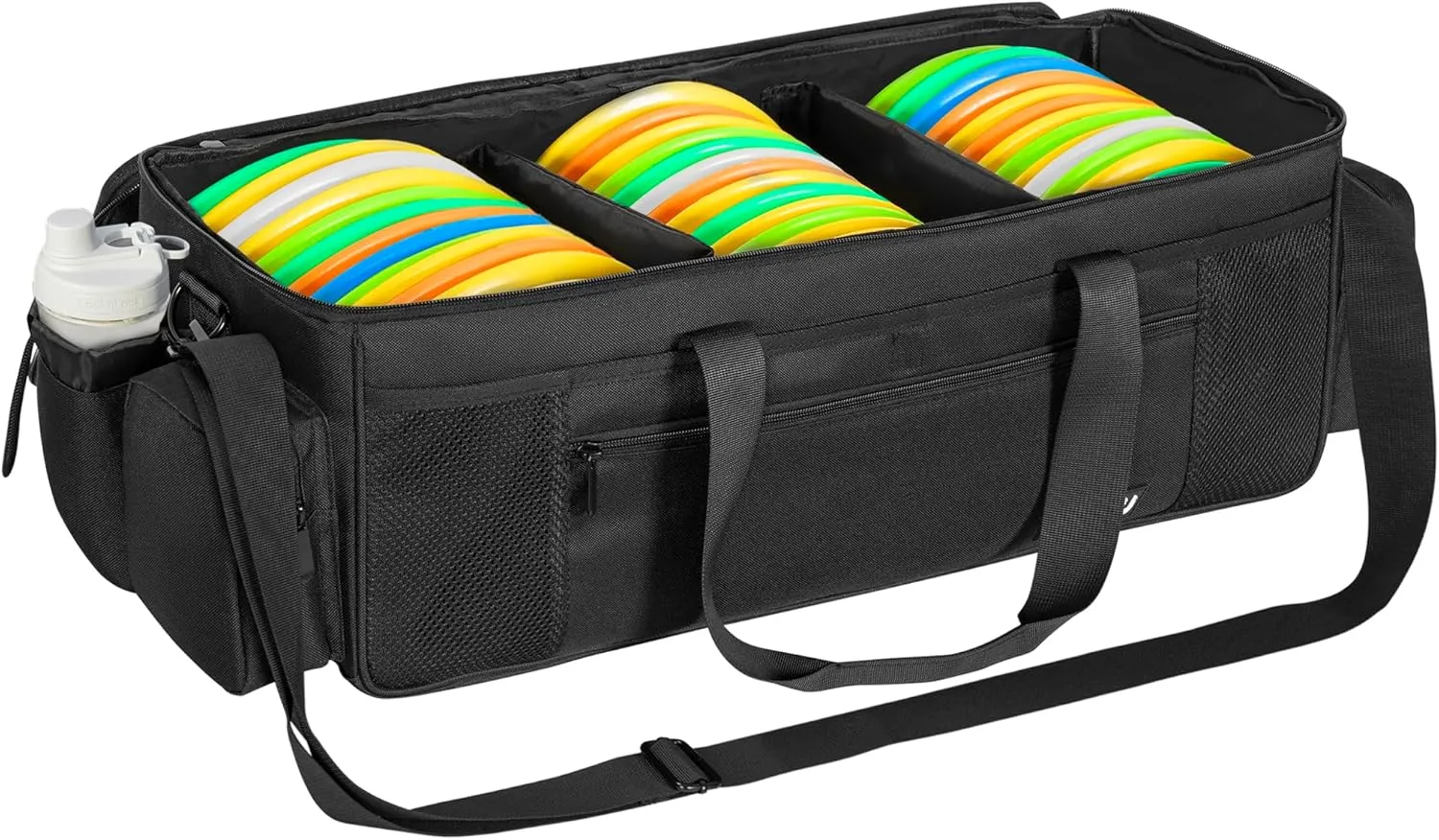 Disc Golf Storage Bag Durable Large Capacity with Dividers and Multi Side Pockets, Black