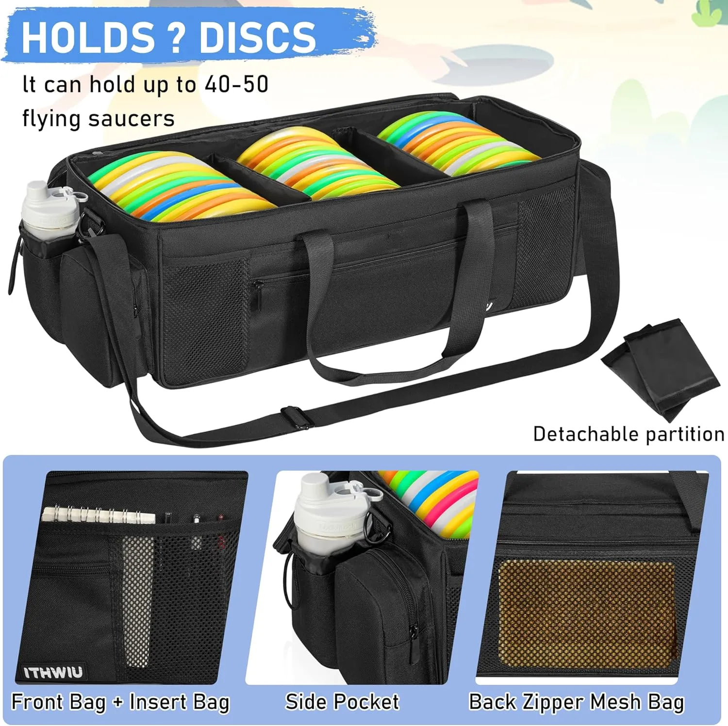 Disc Golf Storage Bag Durable Large Capacity with Dividers and Multi Side Pockets, Black