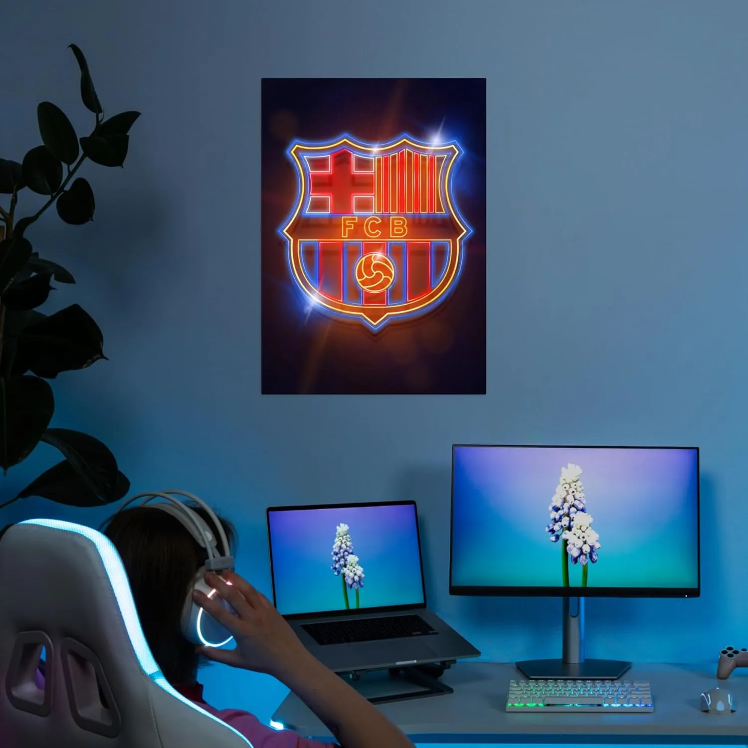 Displate Official FC Barcelona Metal Poster Magnetic Mounting Included Licensed Artwork Modern Wall Decor FC Barcelona Crest Crest neon Poster 45 cm x 32 cm