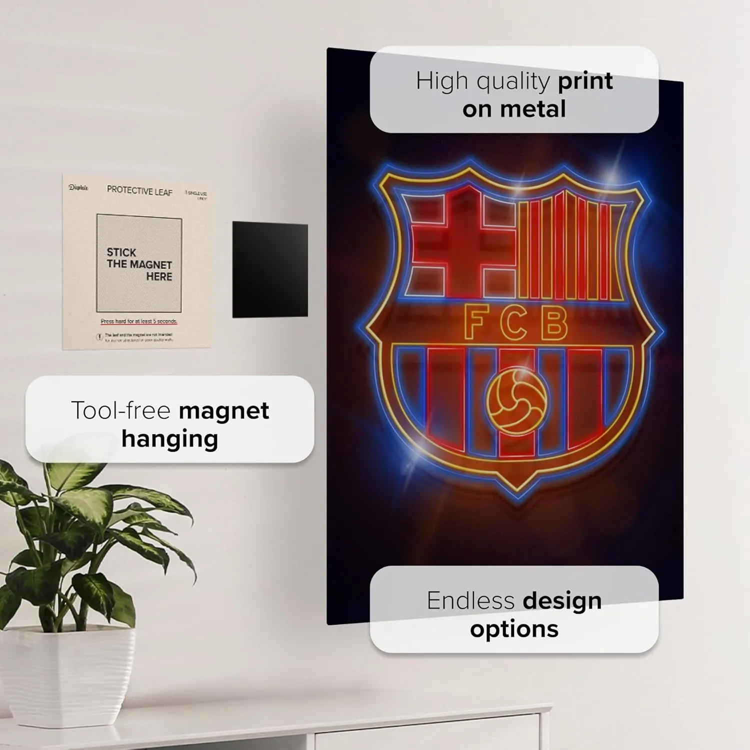 Displate Official FC Barcelona Metal Poster Magnetic Mounting Included Licensed Artwork Modern Wall Decor FC Barcelona Crest Crest neon Poster 45 cm x 32 cm