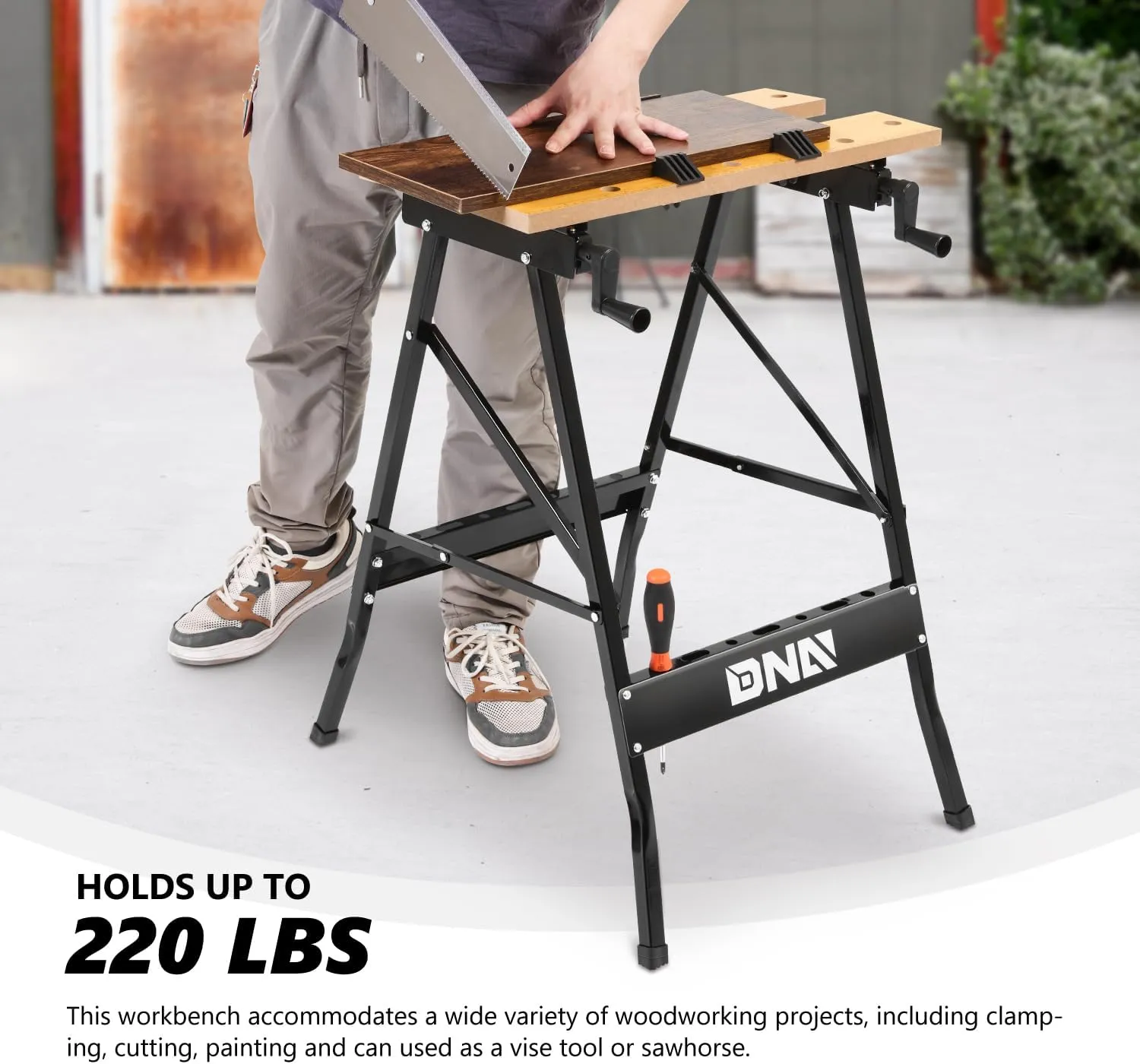 DNA MOTORING Adjustable Workbench - Portable Foldable Multi-Purpose, with Measuring Ruler and Protractor - Ideal for Garage, Home, DIY, and Carpentry,TOOLS-00454