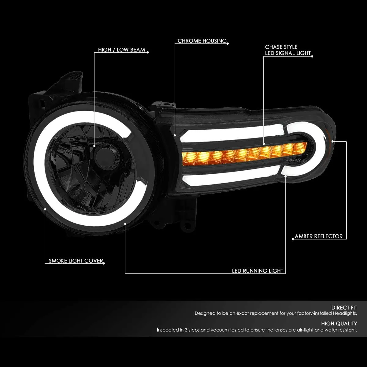 DNA MOTORING HL-LB-FJC07-SM-AM Smoke Lens Headlights With LED DRL Sequential Signal Compatible with 07-14 FJ Cruiser