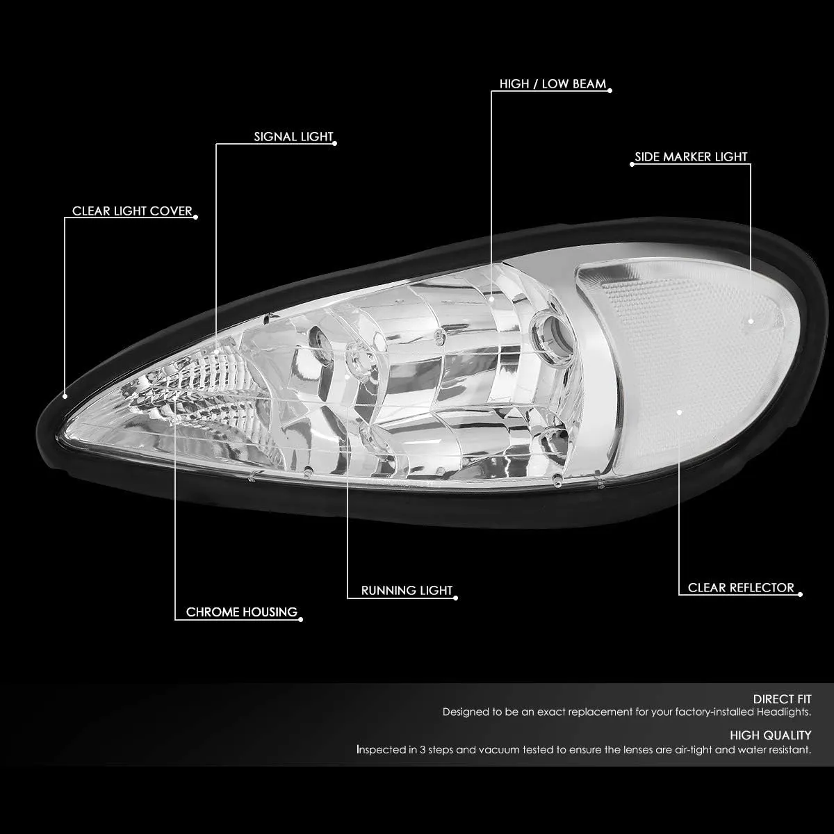 DNA Motoring HL-OH-PGAM99-CH-CL1 Chrome Housing Clear Side Headlights Replacement For 99-05 Grand Am