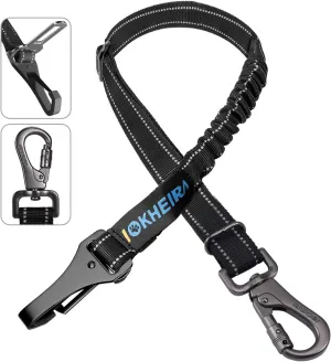 Dog Seat Belt 3-in-1 Car Harness for Dogs Adjustable Safety Seatbelt for Car Durable Nylon Reflective Bungee Fabric Tether with Clip Hook Latch & Buckle, Swivel Zinc Alloy Carabiner (Black)