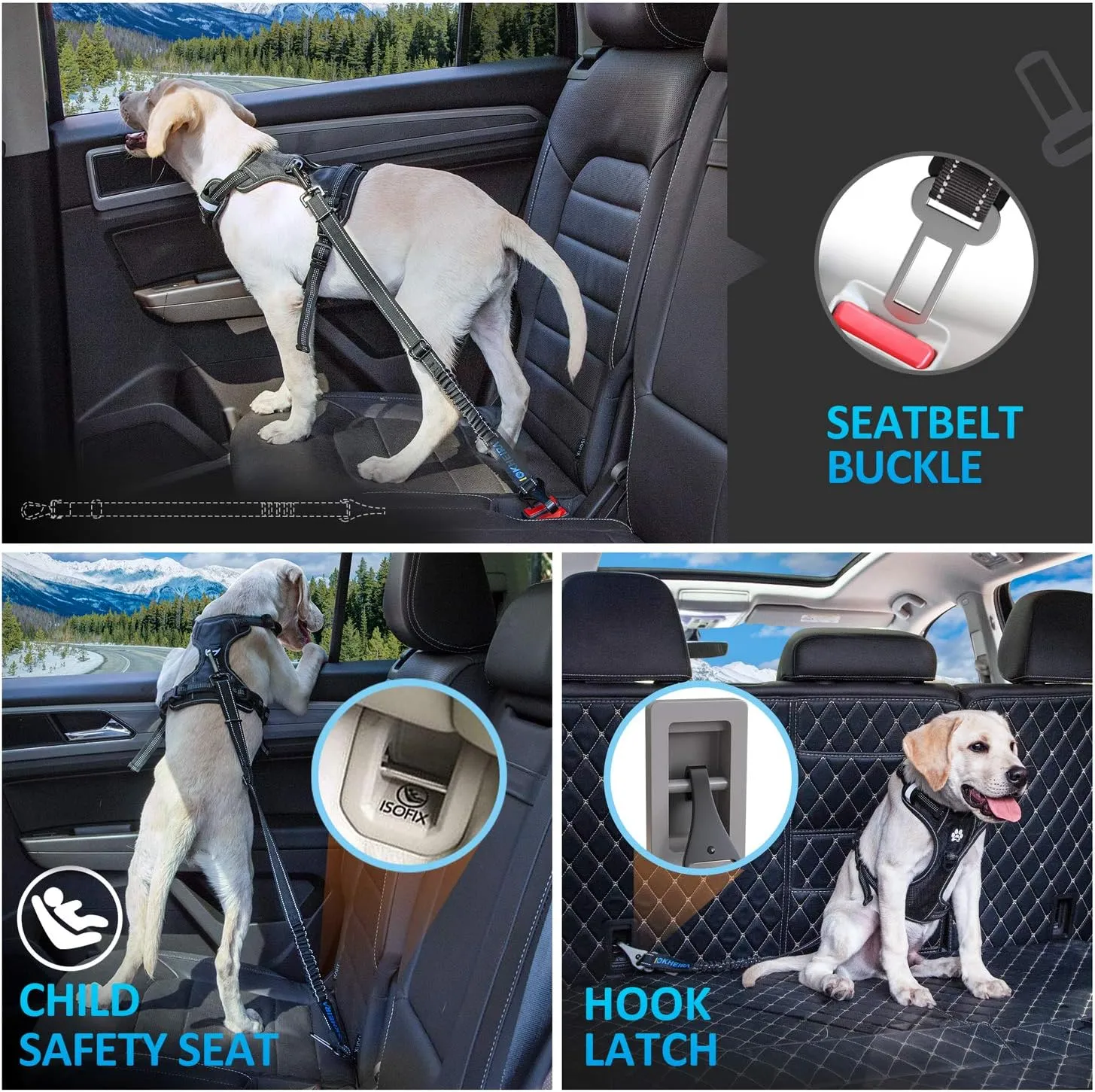 Dog Seat Belt 3-in-1 Car Harness for Dogs Adjustable Safety Seatbelt for Car Durable Nylon Reflective Bungee Fabric Tether with Clip Hook Latch & Buckle, Swivel Zinc Alloy Carabiner (Black)