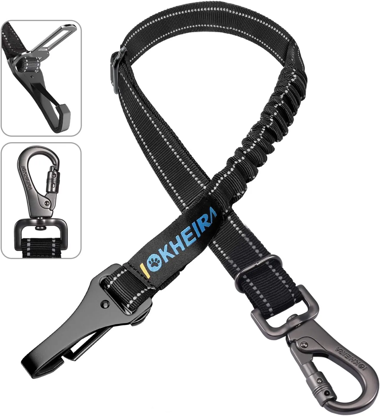 Dog Seat Belt 3-in-1 Car Harness for Dogs Adjustable Safety Seatbelt for Car Durable Nylon Reflective Bungee Fabric Tether with Clip Hook Latch & Buckle, Swivel Zinc Alloy Carabiner (Black)