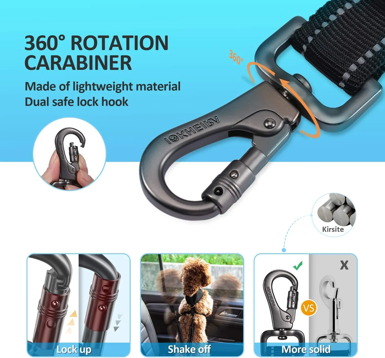 Dog Seat Belt 3-in-1 Car Harness for Dogs Adjustable Safety Seatbelt for Car Durable Nylon Reflective Bungee Fabric Tether with Clip Hook Latch & Buckle, Swivel Zinc Alloy Carabiner (Black)