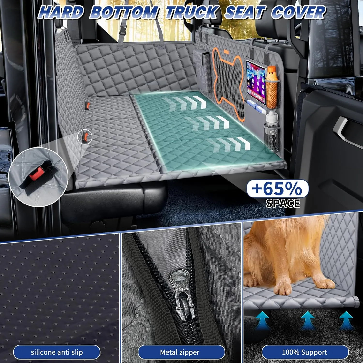 Dog Seat Cover Back Seat for Truck,Dog Backseat Extender for Crew Cab, Pet Seat Covers Hammock 6 Foldable Board Hard Bottom Waterproof Anti-Scratch for F150/RAM1500/Silverado Pickup,Gray