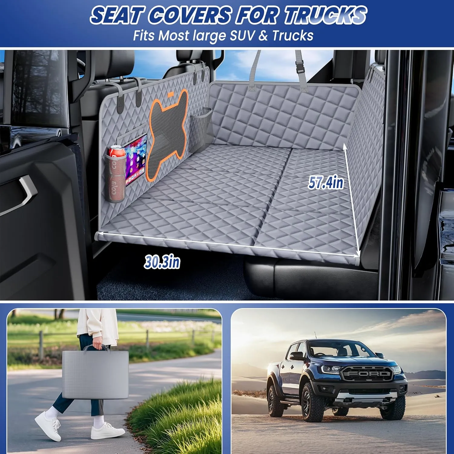 Dog Seat Cover Back Seat for Truck,Dog Backseat Extender for Crew Cab, Pet Seat Covers Hammock 6 Foldable Board Hard Bottom Waterproof Anti-Scratch for F150/RAM1500/Silverado Pickup,Gray