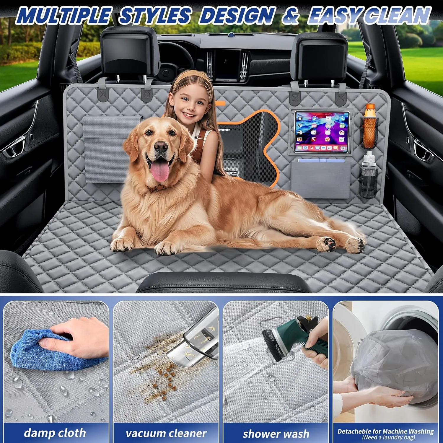 Dog Seat Cover Back Seat for Truck,Dog Backseat Extender for Crew Cab, Pet Seat Covers Hammock 6 Foldable Board Hard Bottom Waterproof Anti-Scratch for F150/RAM1500/Silverado Pickup,Gray