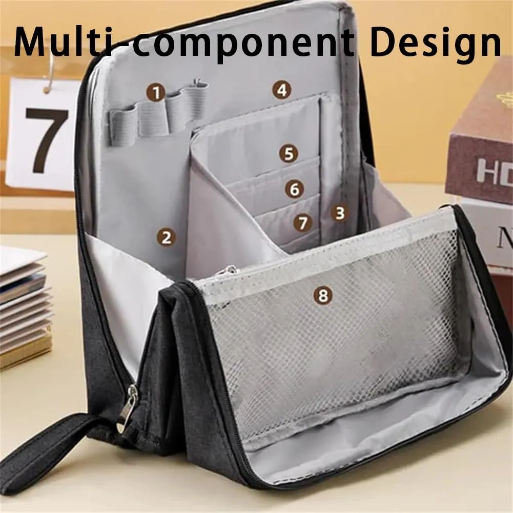 Doresty Makeup Bag with Compartments, Portable Multi-purpose Large Capacity Standing Cosmetic Bag, Travel Waterproof Spacious Vertical Toiletry Organizer (Black-PU)