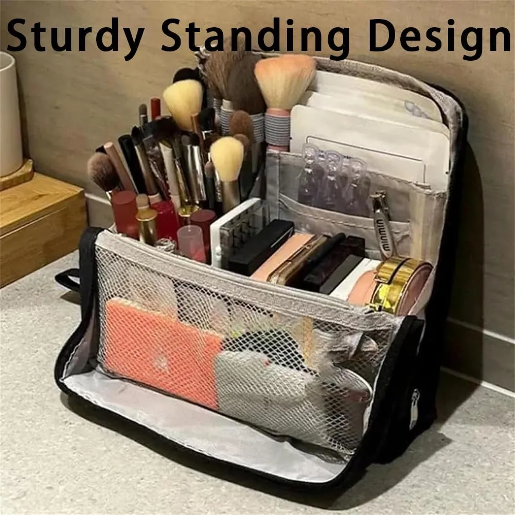 Doresty Makeup Bag with Compartments, Portable Multi-purpose Large Capacity Standing Cosmetic Bag, Travel Waterproof Spacious Vertical Toiletry Organizer (Black-PU)