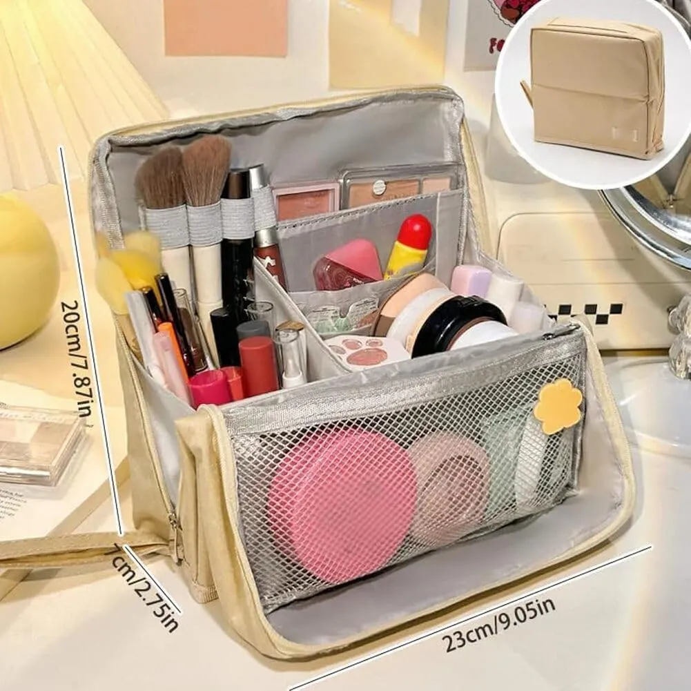 Doresty Makeup Bag with Compartments, Portable Multi-purpose Large Capacity Standing Cosmetic Bag, Travel Waterproof Spacious Vertical Toiletry Organizer (Black-PU)