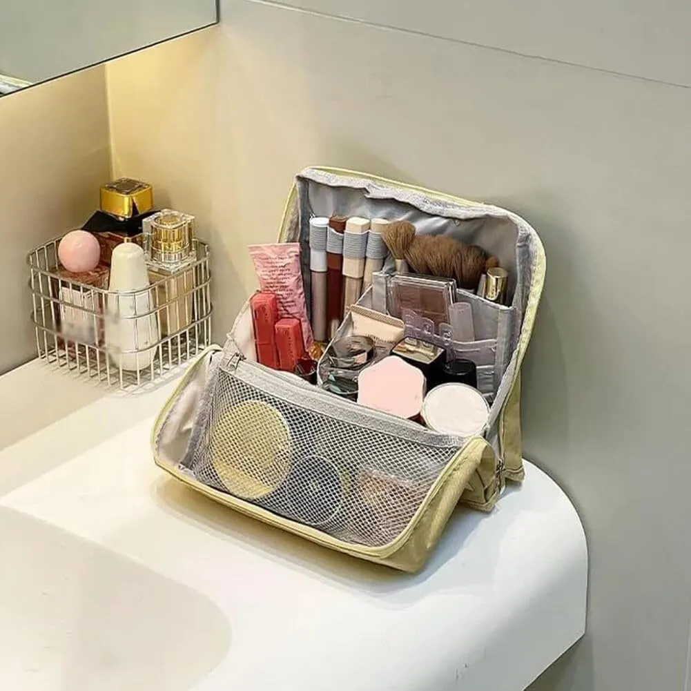 Doresty Makeup Bag with Compartments, Portable Multi-purpose Large Capacity Standing Cosmetic Bag, Travel Waterproof Spacious Vertical Toiletry Organizer (Black-PU)