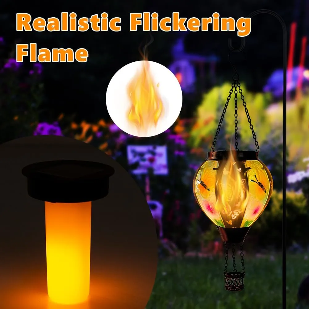 DREAMSOUL Butterfly Hot Air Balloon Solar Lantern, Glass & Metal Outdoor Lantern Hanging Solar Lanterns Outdoor Waterproof for Garden Patio Party