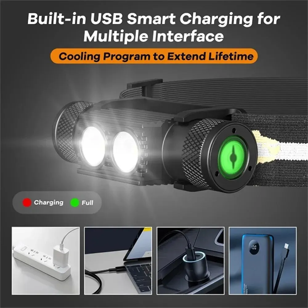 Dual SST40 LED Headlamp 1200lm USB Rechargeable 18650 Battery Tactical Outdoor Light