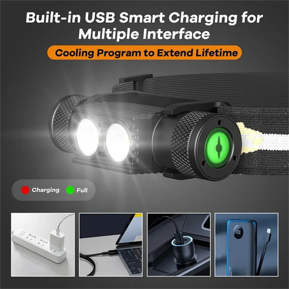 Dual SST40 LED Headlamp 1200lm USB Rechargeable 18650 Battery Tactical Outdoor Light