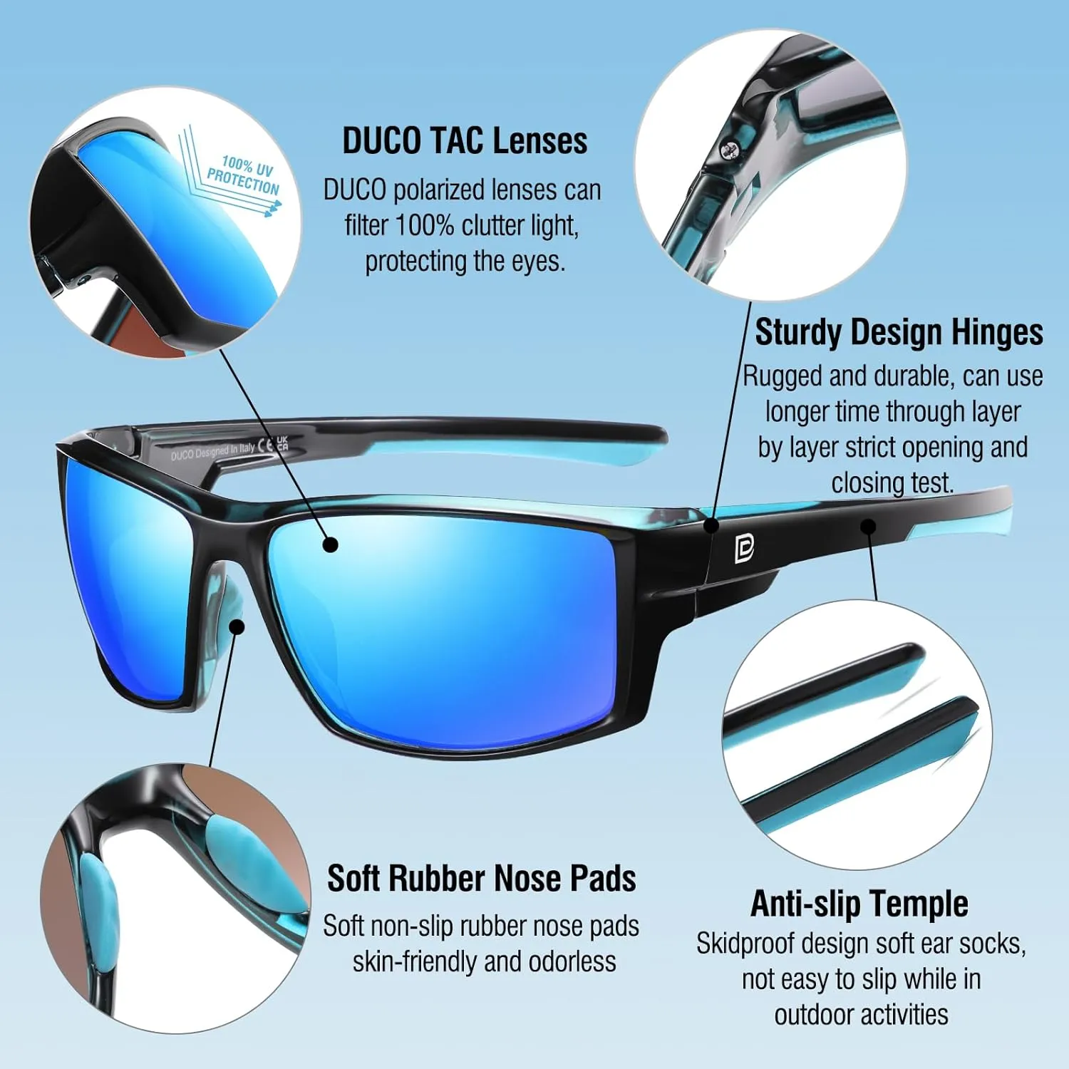 DUCO Polarized Sports Sunglasses for Men Women UV400 Protection Lightweight Frame for Fishing Driving Running F103