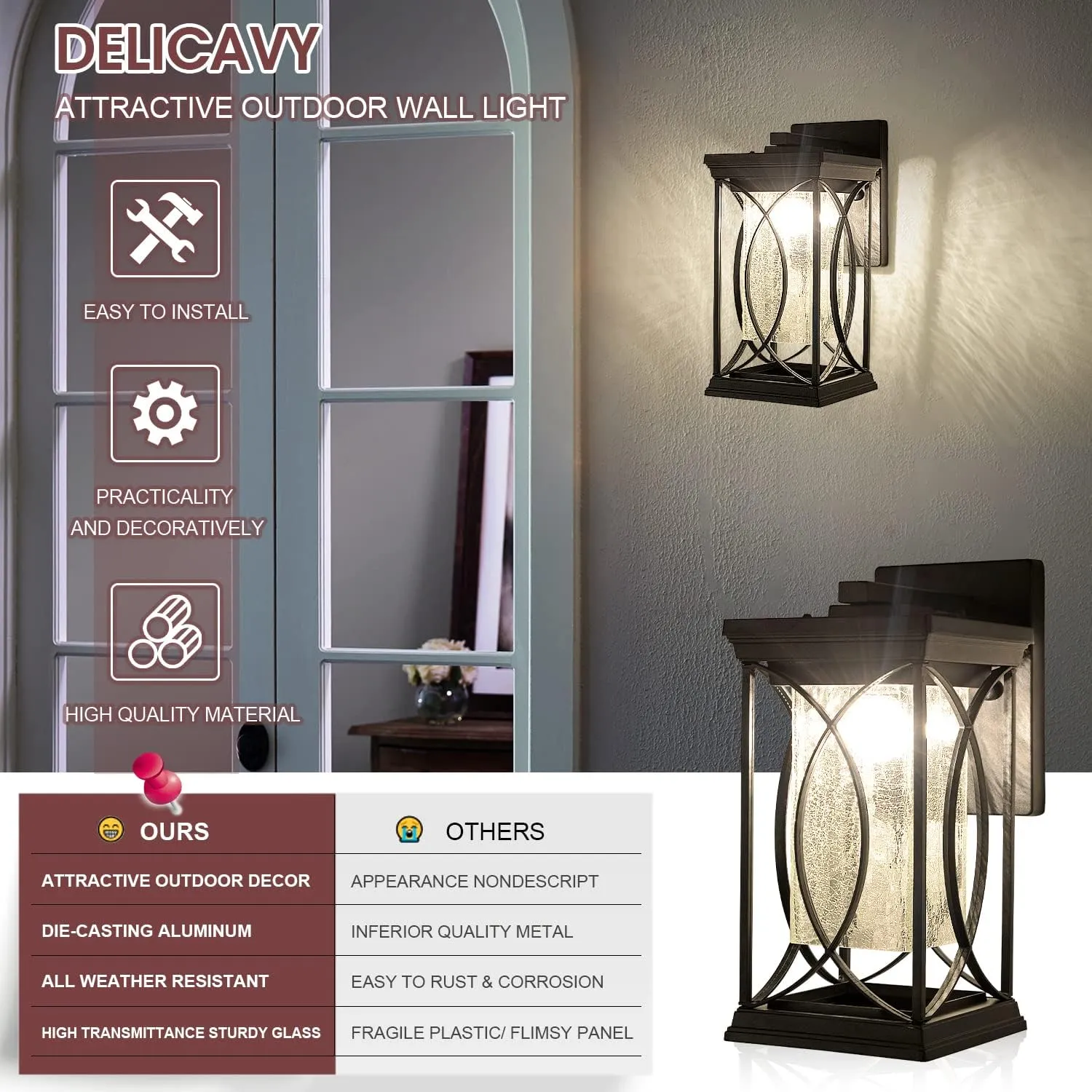 Dusk to Dawn Modern Outdoor Coach Lantern Exterior Light Fixtures Black Aluminum with Crack-Like Glass Waterproof Wall Sconce Mission Outside Light for House Front Porch Lighting