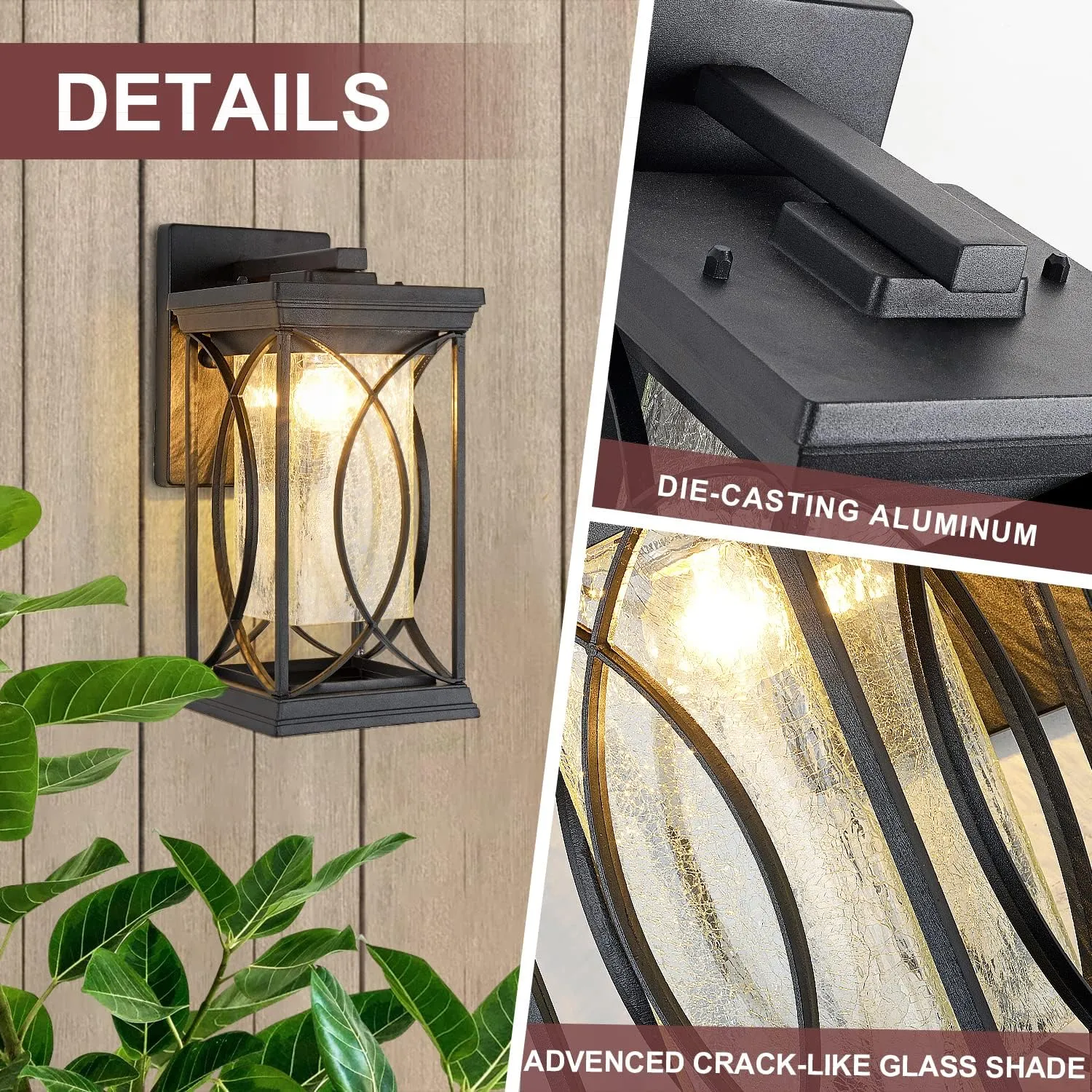Dusk to Dawn Modern Outdoor Coach Lantern Exterior Light Fixtures Black Aluminum with Crack-Like Glass Waterproof Wall Sconce Mission Outside Light for House Front Porch Lighting