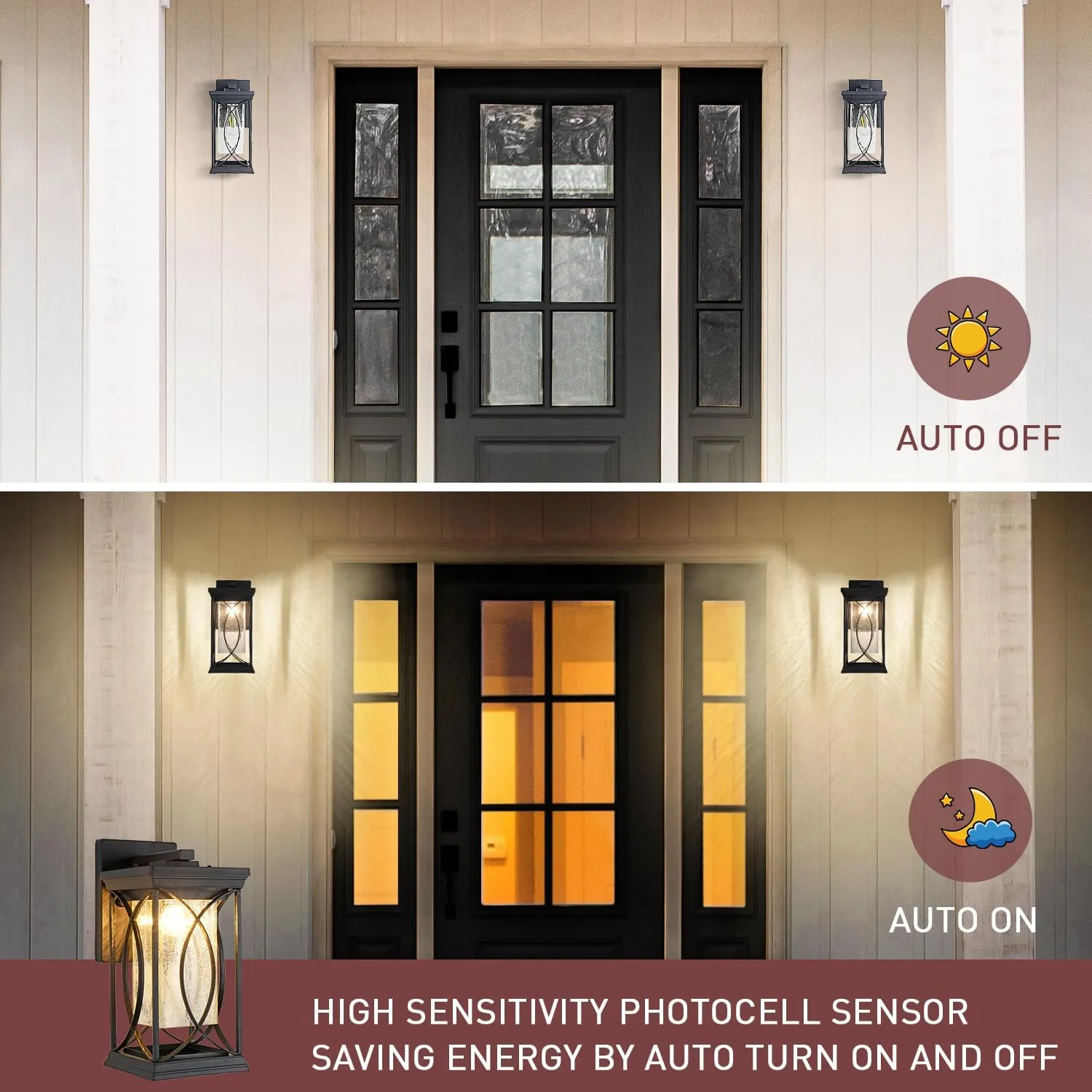 Dusk to Dawn Modern Outdoor Coach Lantern Exterior Light Fixtures Black Aluminum with Crack-Like Glass Waterproof Wall Sconce Mission Outside Light for House Front Porch Lighting