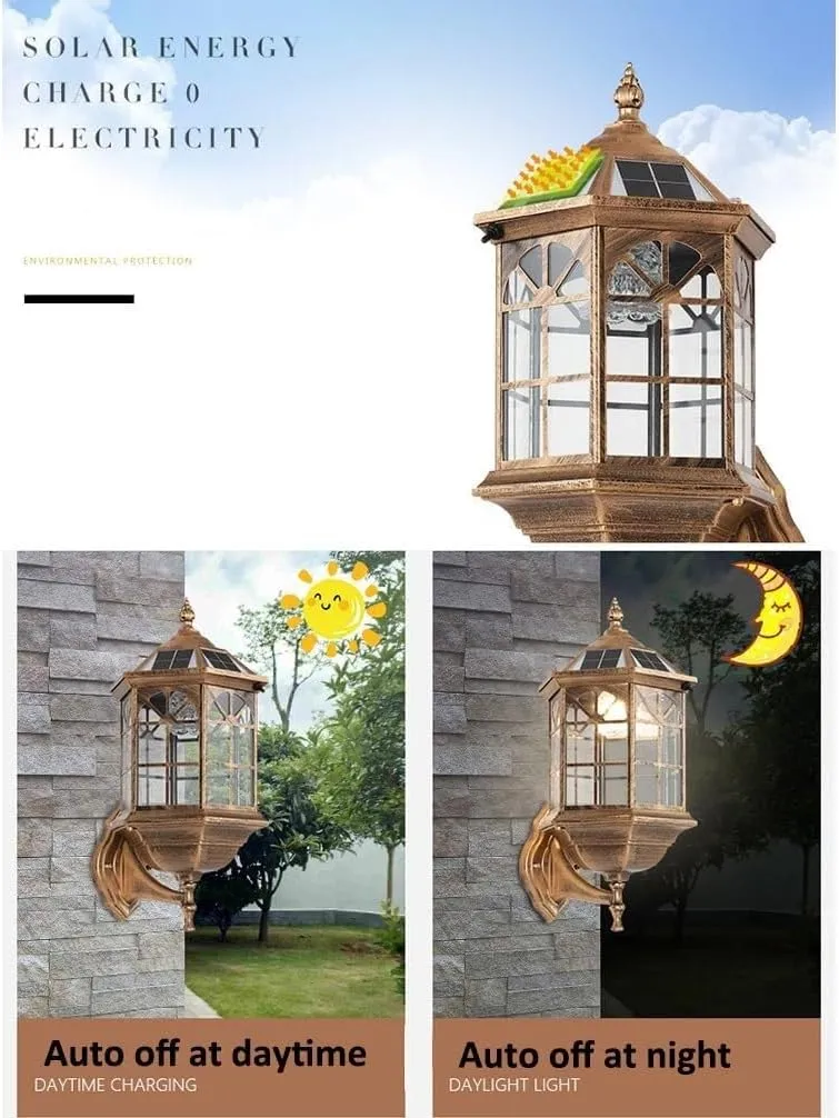 Dusk To Dawn Wall Mount Solar LED Outdoor Lights Fixture Bronze European Exterior Porch Wall Security Lantern Large Farmhouse Black Waterproof Wall Sconces For Garage House Fence Door Yard Gard(Bronze