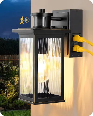 EDISHINE Outdoor Wall Light with GFCI Outlet, Motion Sensor Exterior Lighting Fixture with Water Ripple Glass, Waterproof Dusk to Dawn Outdoor Wall Sconce for Porch Front Door Garage Patio