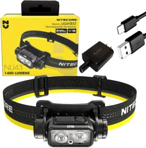 EdisonBright Nitecore NU43 1400 Lumen LED Rechargeable White and red Beams Sensor headlamp Charging Adapter Bundle