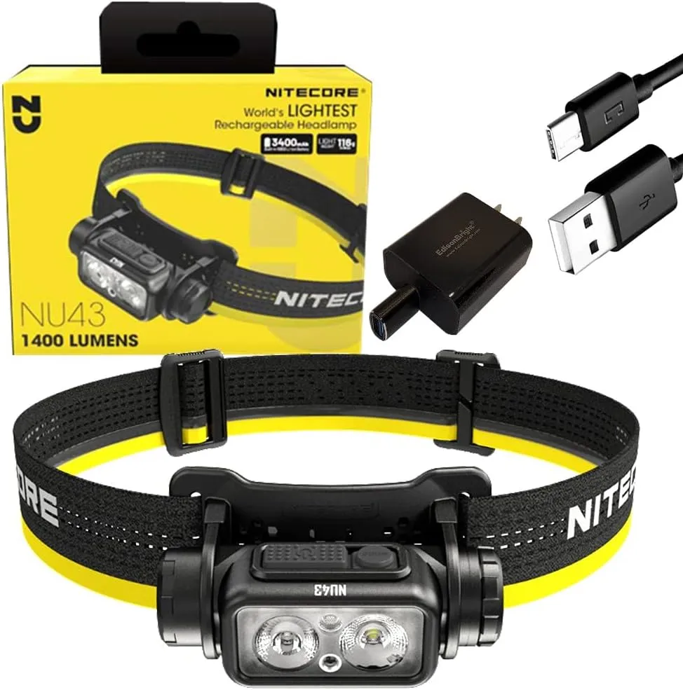EdisonBright Nitecore NU43 1400 Lumen LED Rechargeable White and red Beams Sensor headlamp Charging Adapter Bundle