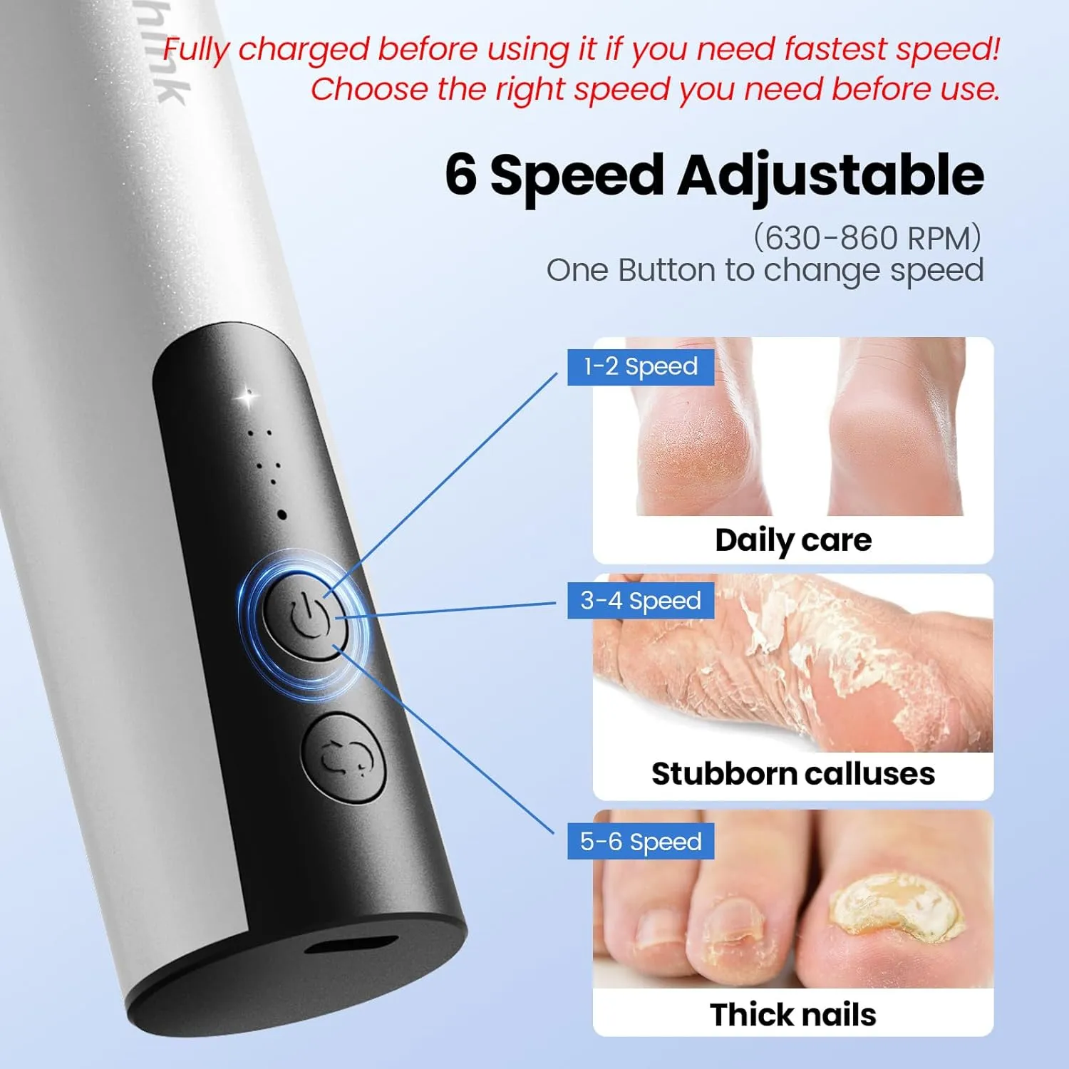 Electric Callus Remover for Feet, Electric Foot File Nail Grinder 2 in 1,Rechargeable Professional Foot Sander Pedicure Tool for Feet Dry Dead Skin with Sandpaper Disk, 6 Speed Adjustable