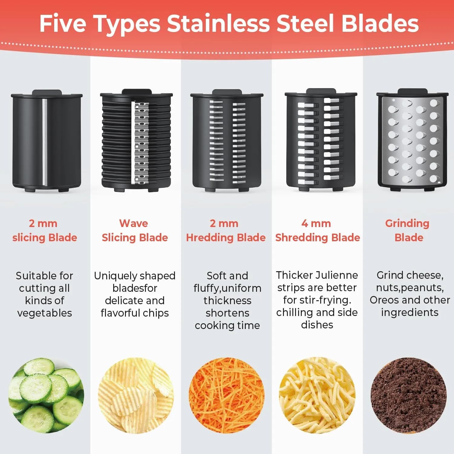 Electric Cheese Grater, Upgraded Salad Maker with 5 Replaceable Stainless Blades, 250W Electric Cheese Shredder, One-Touch Control Vegetable Cutter Kitchen Slicer for Cheeses, Fruits, Nuts