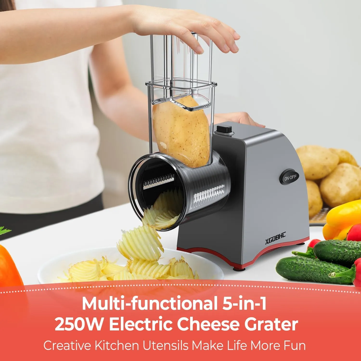 Electric Cheese Grater, Upgraded Salad Maker with 5 Replaceable Stainless Blades, 250W Electric Cheese Shredder, One-Touch Control Vegetable Cutter Kitchen Slicer for Cheeses, Fruits, Nuts