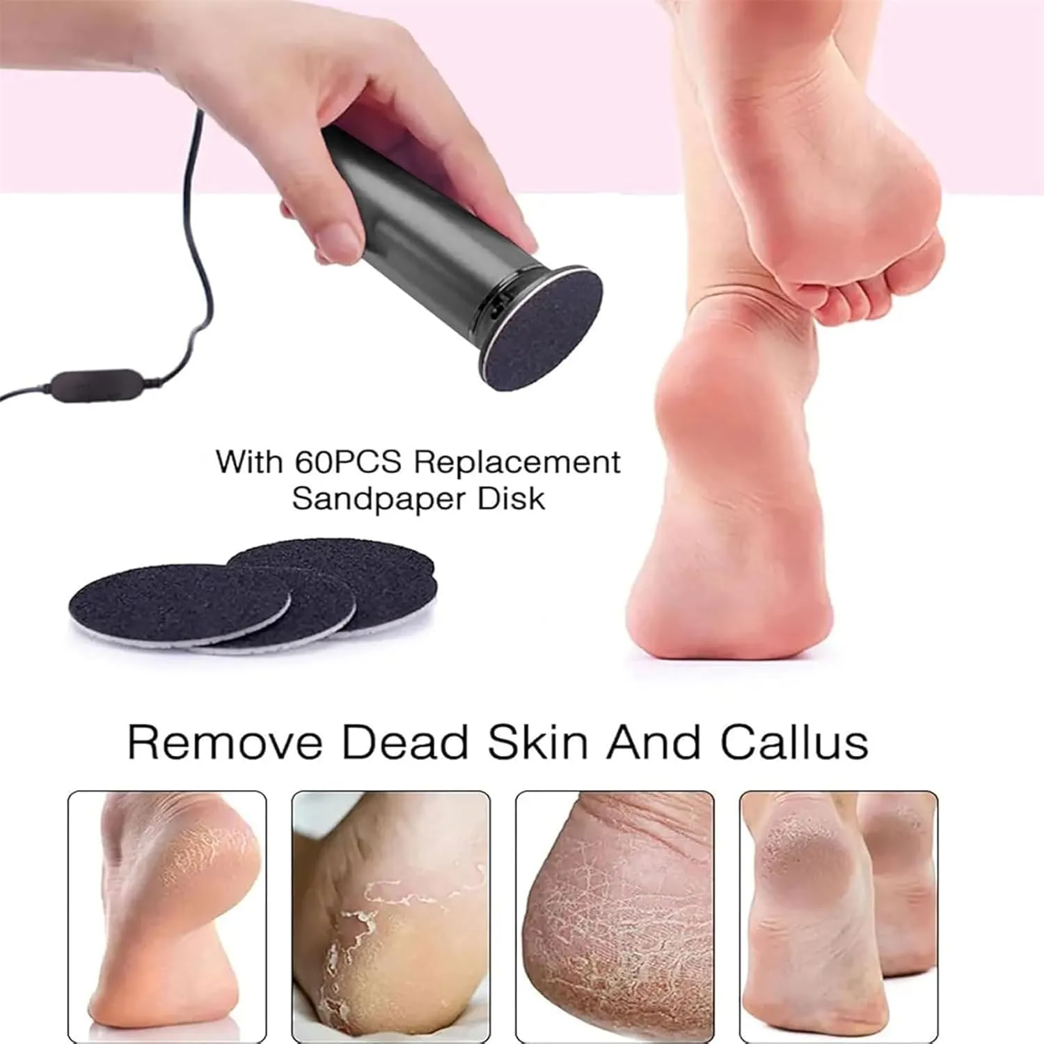 Electric Foot Callus Remover, Electric Foot Callus Remover for Women, Electric Foot Filer for Men, 360 Rotation with 60PCS Sanding Discs