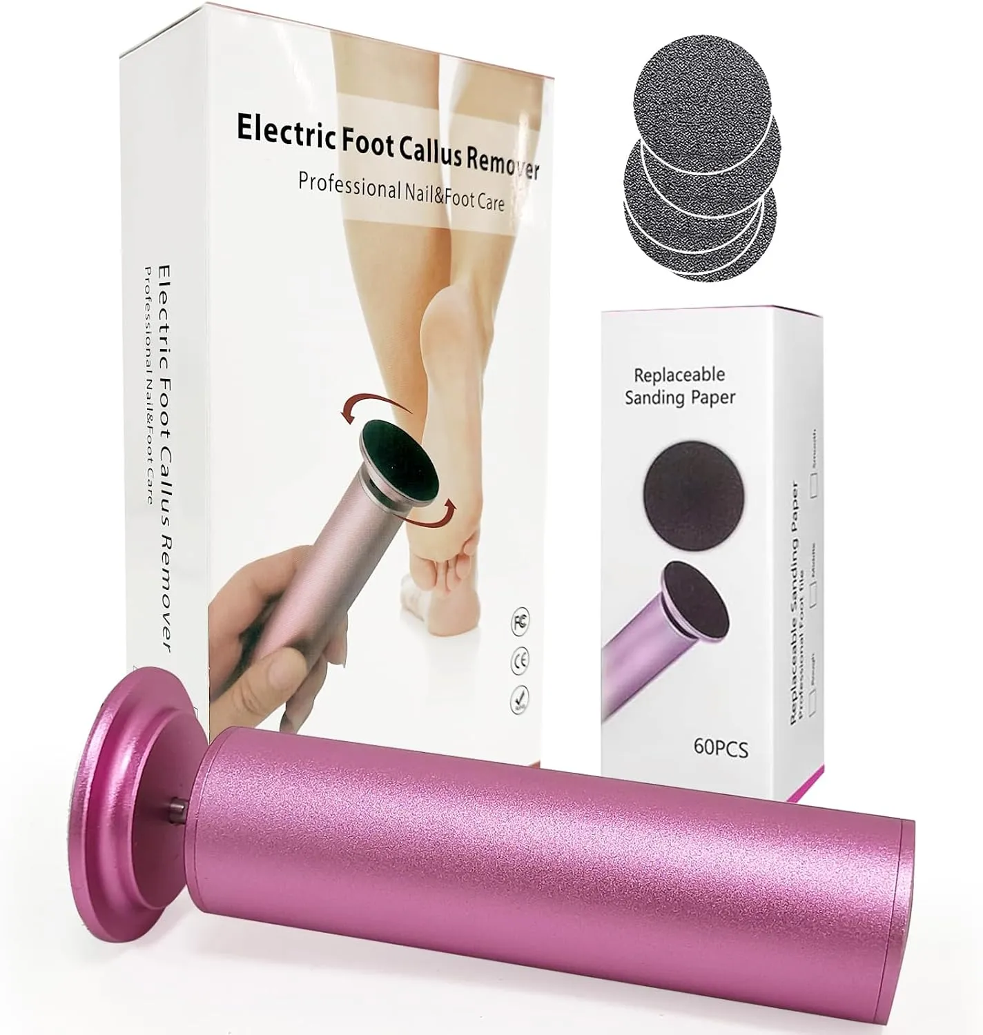 Electric Foot calluses Remover, Adjustable Foot Speed, Professional Foot Repair Tool, Equipped with 60 Pieces of Sandpaper, Suitable for Men and Women with Dead Skin calluses, Dry and Cracked, Pink