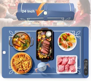 Electric Warming Mat - Foldable Tray, Full Surface High-tech Graphene Warmer for Food, Buffets, Parties, Gatherings, Holidays, Timer, 6 Level Temperature, 24 Inch (Navy Blue)