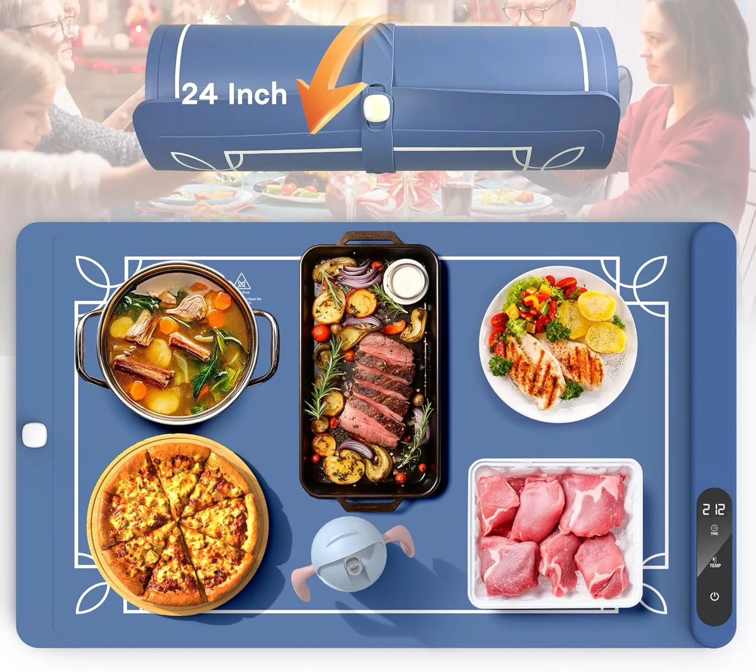Electric Warming Mat - Foldable Tray, Full Surface High-tech Graphene Warmer for Food, Buffets, Parties, Gatherings, Holidays, Timer, 6 Level Temperature, 24 Inch (Navy Blue)